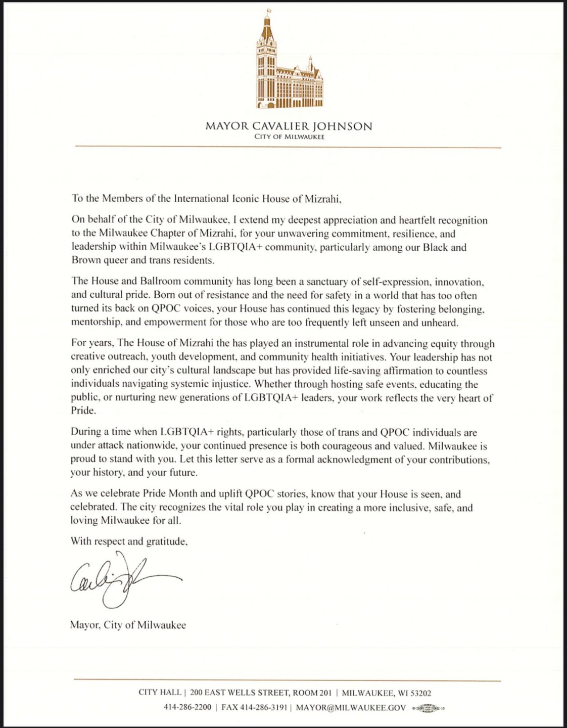 Letter from Milwaukee Mayor Cavalier Johnson on Ballroom Culture