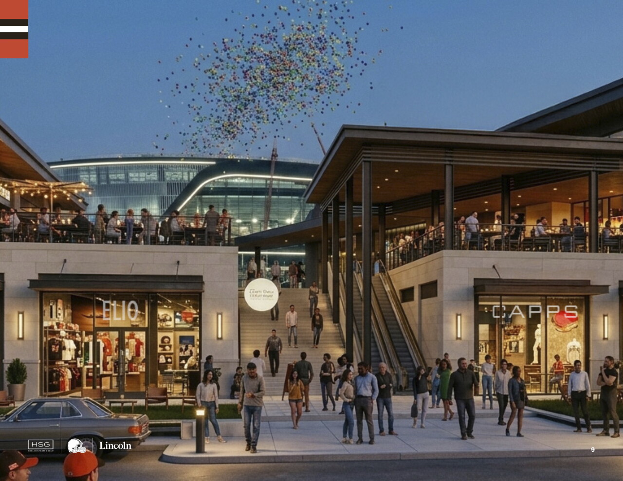 A rendering submitted to Brook Park's planning commission shows retail buildings and steps leading to a plaza outside the future Huntington Bank Field.
