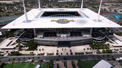 An aerial view shows Hard Rock Stadium on Thursday, June 12, 2025, in Miami Gardens, Fla.