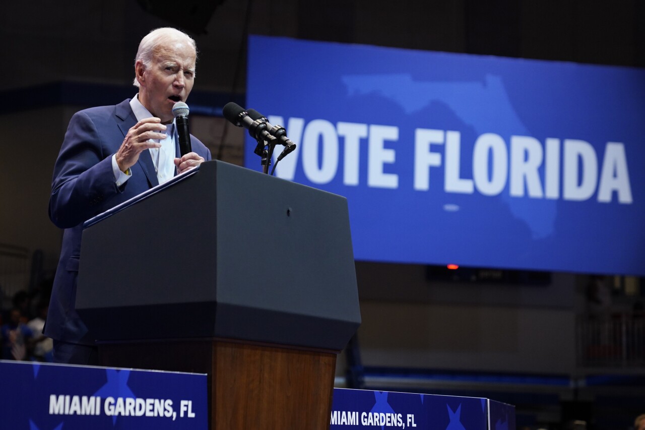 President Joe Biden attends rally for Charlie Crist and Val Demings in Miami Gardens, Nov. 1, 2022