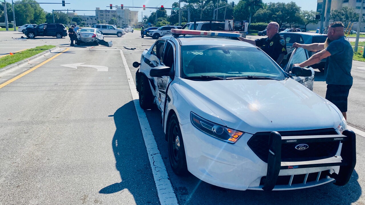 A Port St. Lucie police officer was taken to the hospital with minor injuries after a three-vehicle crash April 27, 2020.