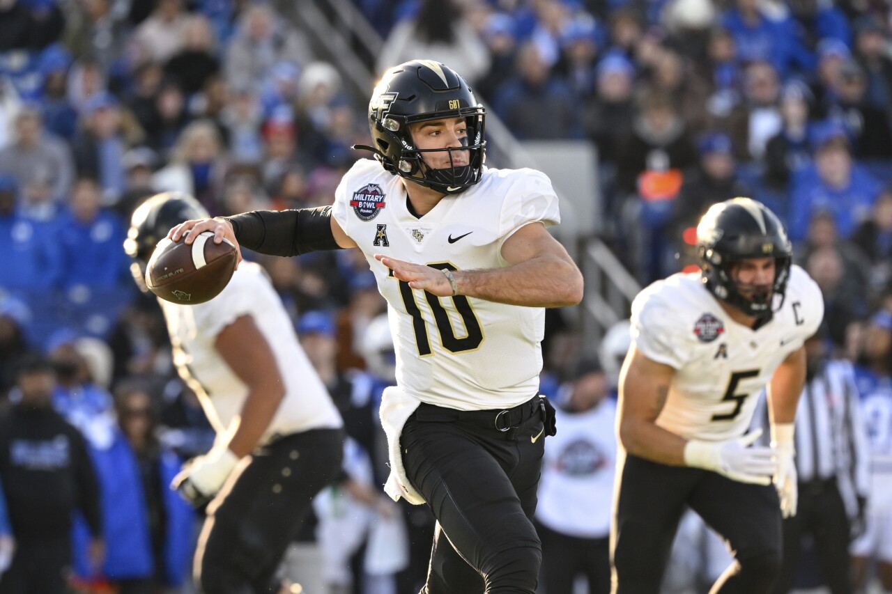 UCF Knights QB John Rhys Plumlee throws during first half of Military Bowl vs. Duke Blue Devils, Dec. 28, 2022