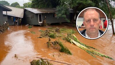 This combination of photos shows Hawaii Gov. Josh Green and the view of a storm-damaged home in flood waters.
