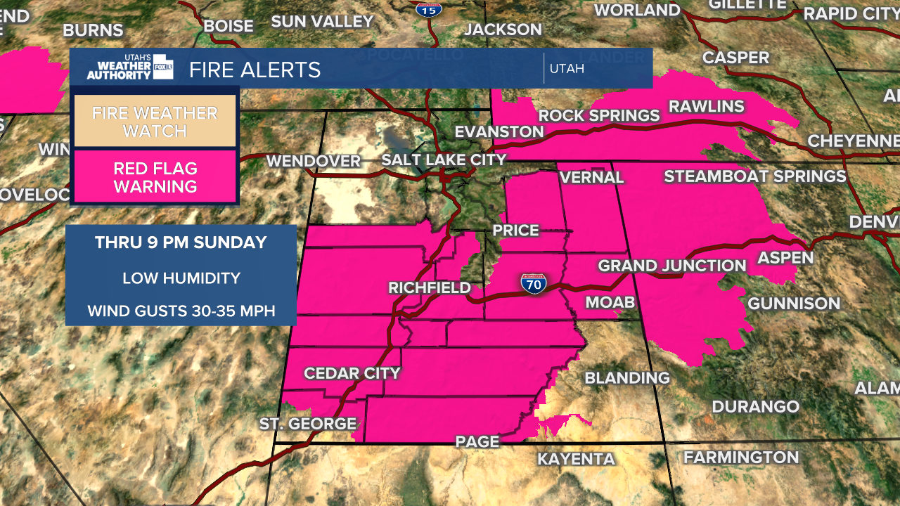 Graphics from the FOX 13 Weather Center showing where red flag warnings have been issued for the state of Utah. The map shows the affected areas in pink, spanning from Vernal in the northwest down to Page at the Utah-Arizona border.
