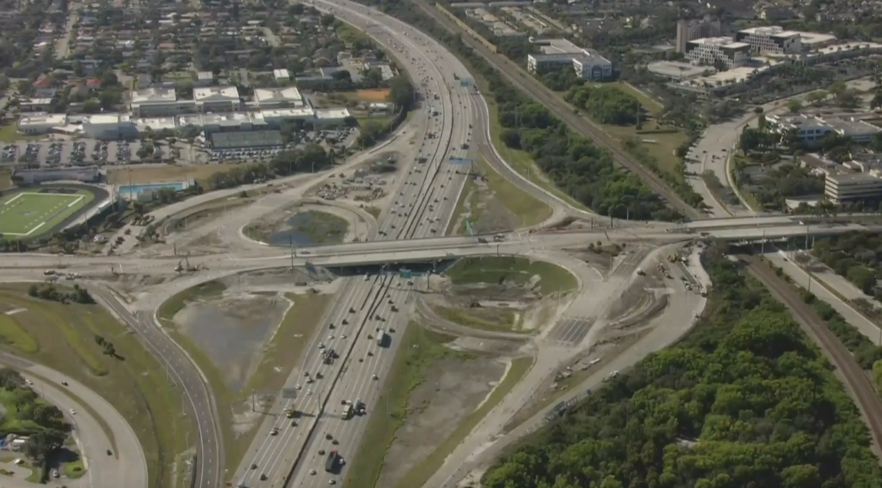 Aerial view of I-95 diverging diamond interchange at Glades Road on morning of its opening, Jan. 30, 2023