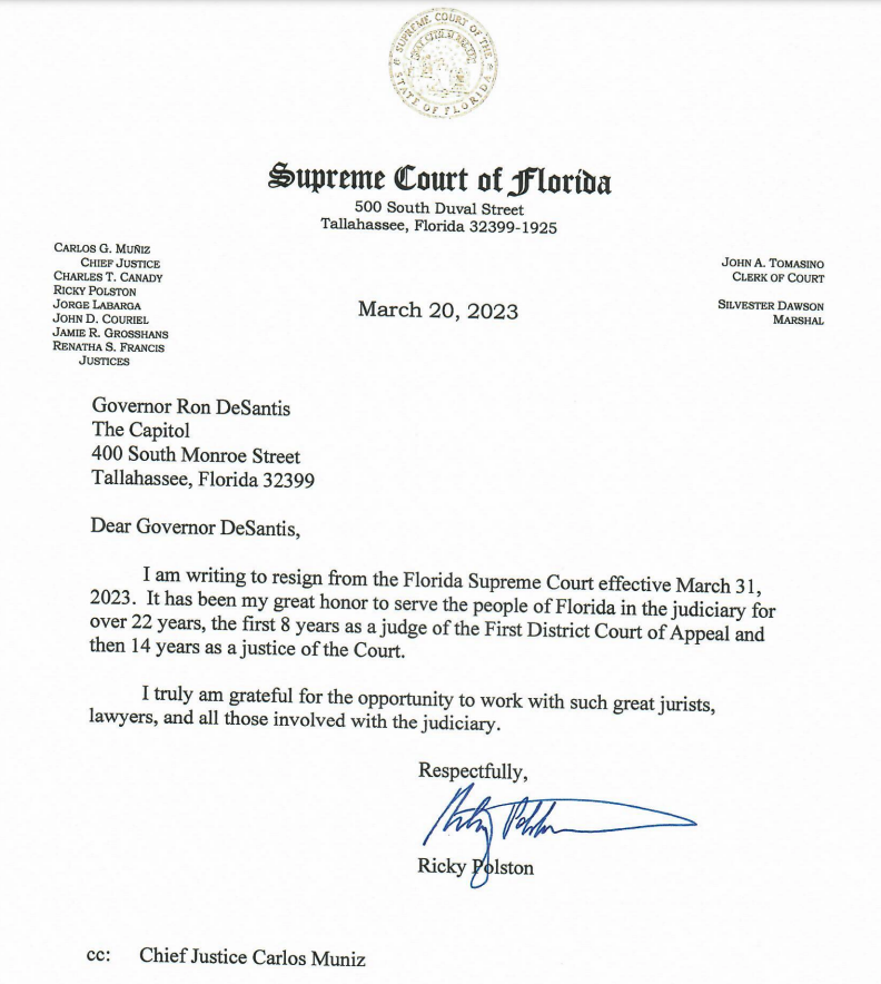 Florida Supreme Court Justice Ricky Polston's resignation letter