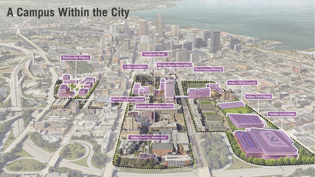 An aerial image of CSU's new master plan shows a "partnership district" in place of the Wolstein Center.