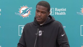 Miami Dolphins running back De'Von Achane speaks at a news conference held Sept. 16, 2024, in Miami Gardens, Fla.