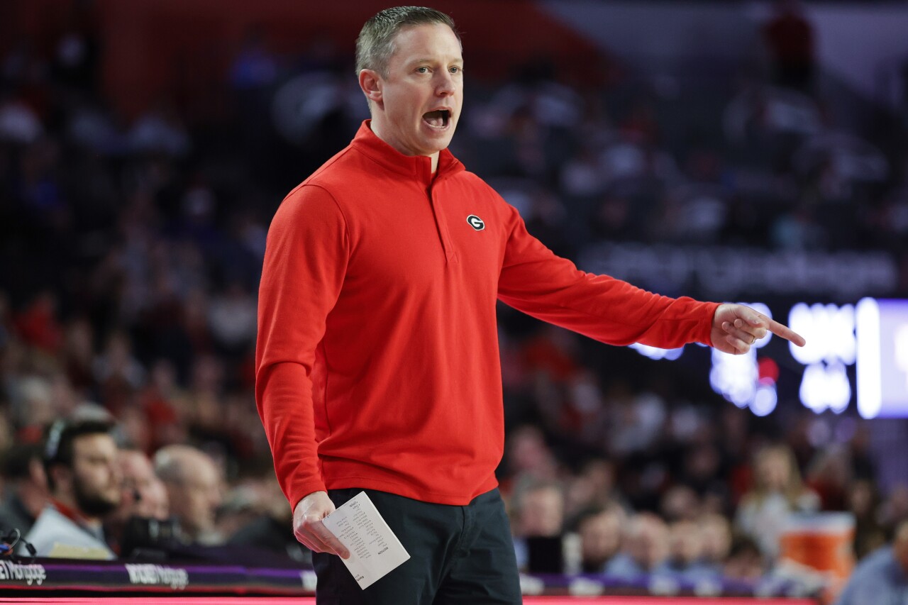 Georgia Bulldogs head coach Mike White yells during second half against Kentucky Wildcats, Feb. 11, 2023