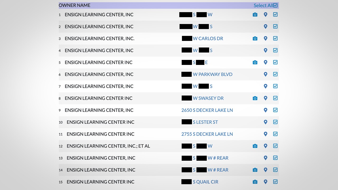 Records obtained from the Salt Lake County Assessor's Office in December 2020 show 15 properties owned by Ensign Learning Center. Although these are public records, FOX 13 has blurred street numbers to protect the privacy of the individuals who live in private residences.