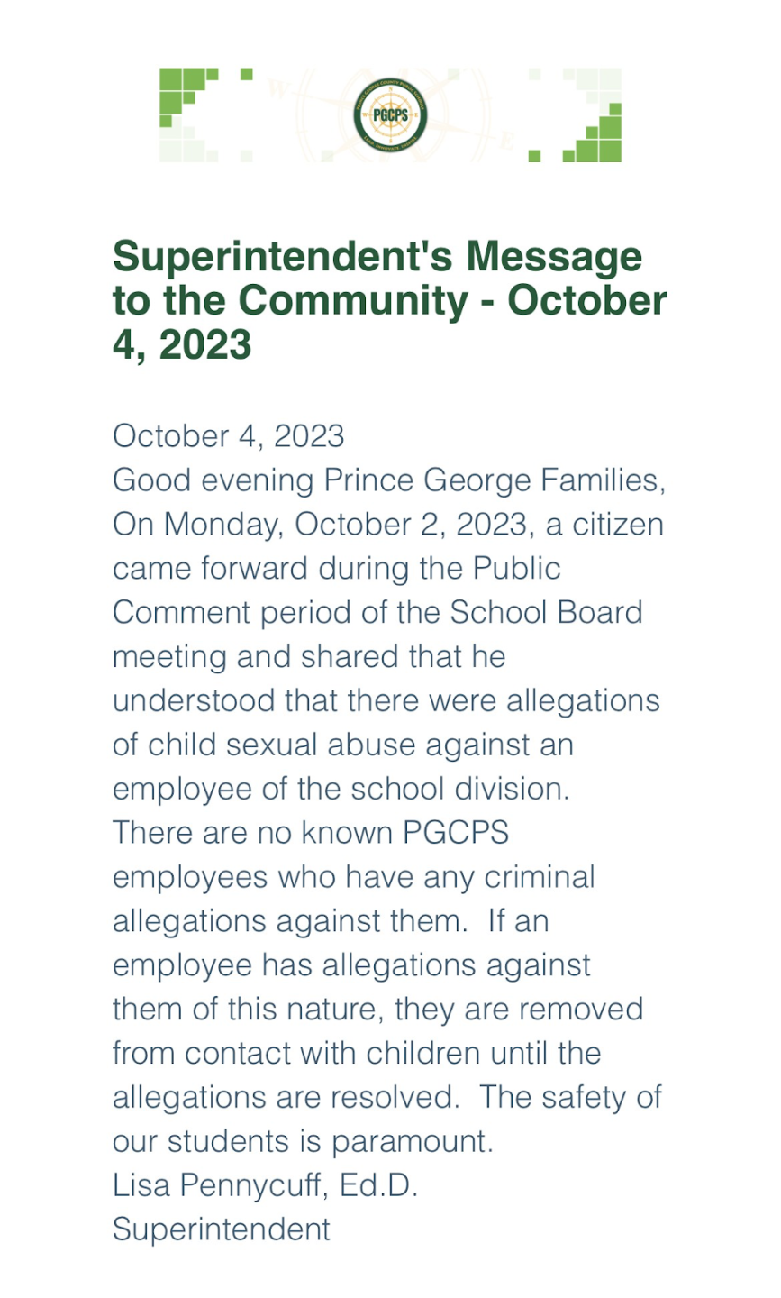 Message from Prince George County Public Schools on Oct. 4, 2023