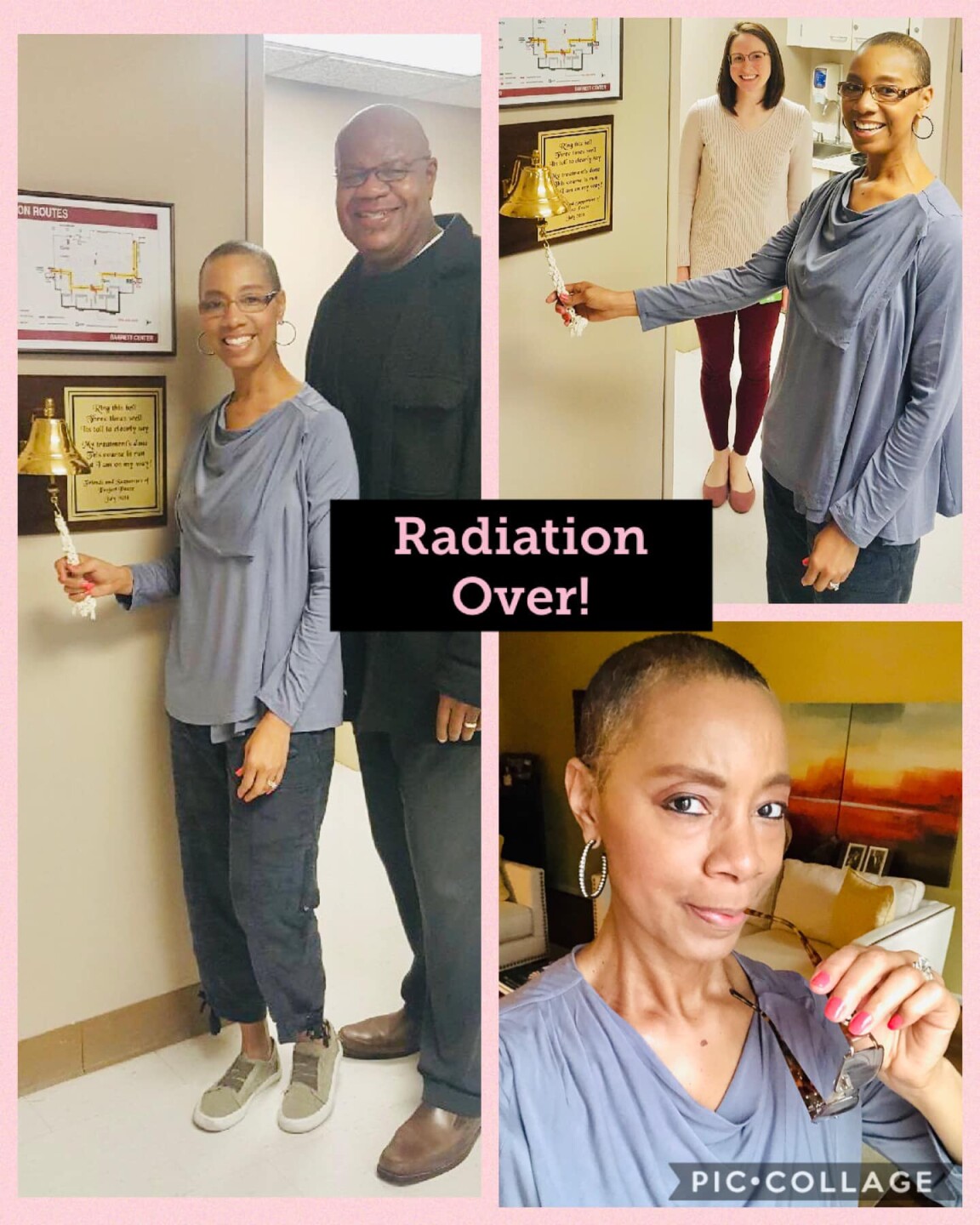 Sherry Hughes posted this Pic-Collage on Facebook on March 31, 2020, to celebrate the end of her radiation treatments. Her husband, Myron Hughes, is standing next to her in one of the photos.