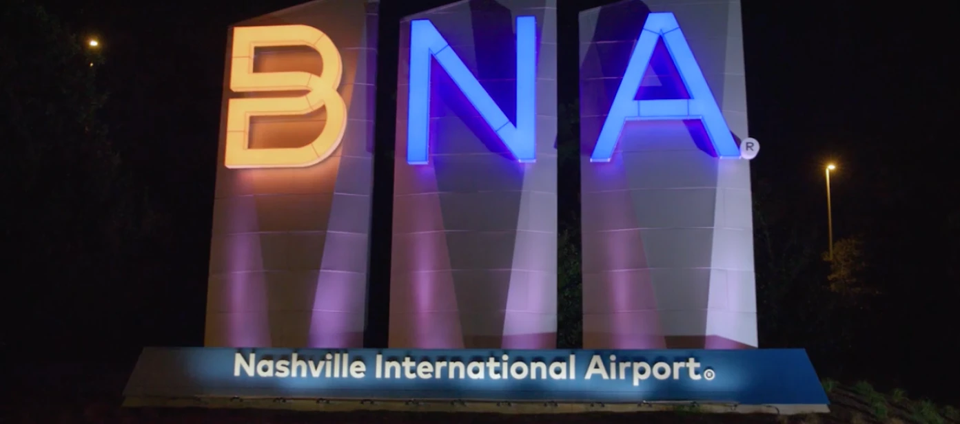 Nashville BNA airport entrance monument lit up at night