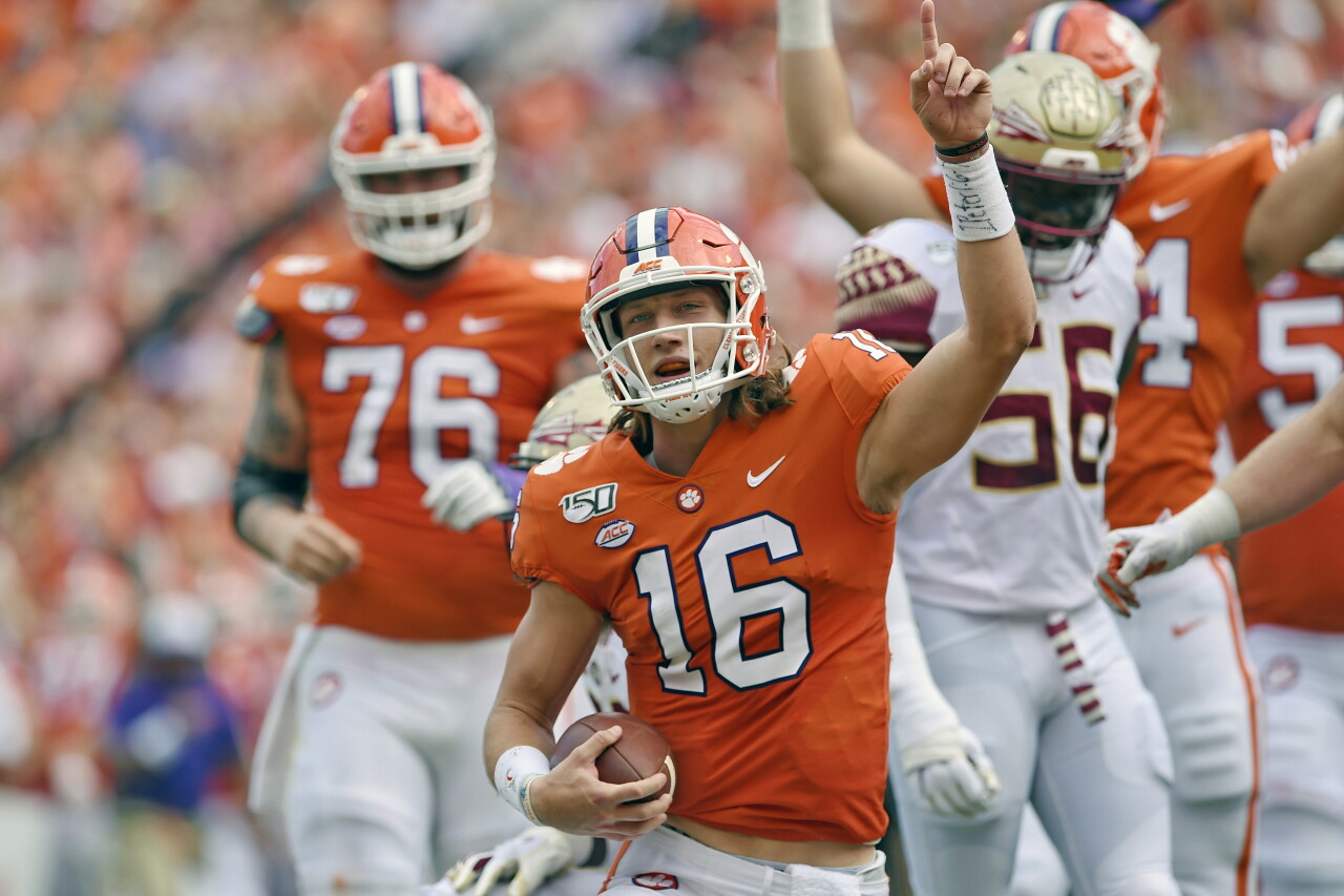 Clemson Tigers QB Trevor Lawrence celebrates vs. Florida State in 2019