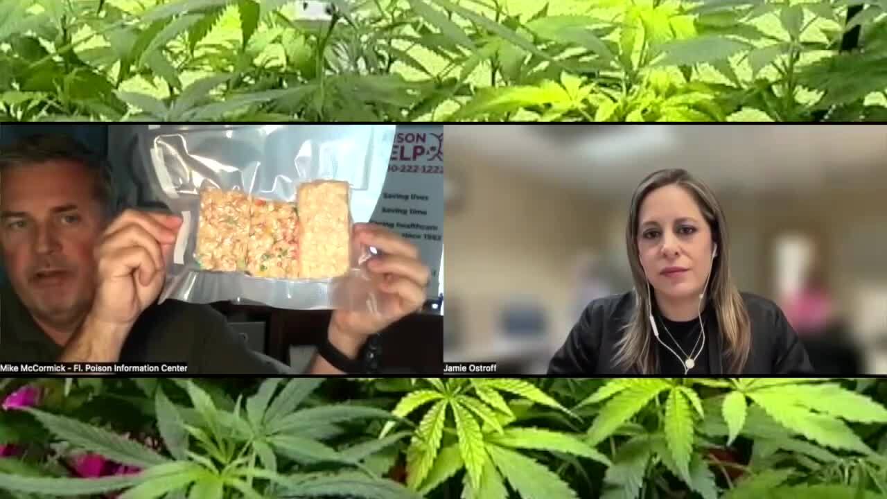 Mike McCormick shows Jamie Ostroff THC-edible treats that look like Rice Krispies bars