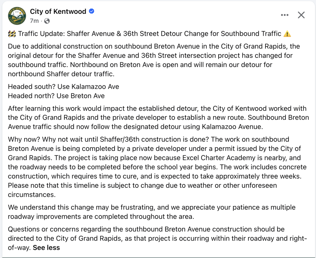 Kentwood Facebook post