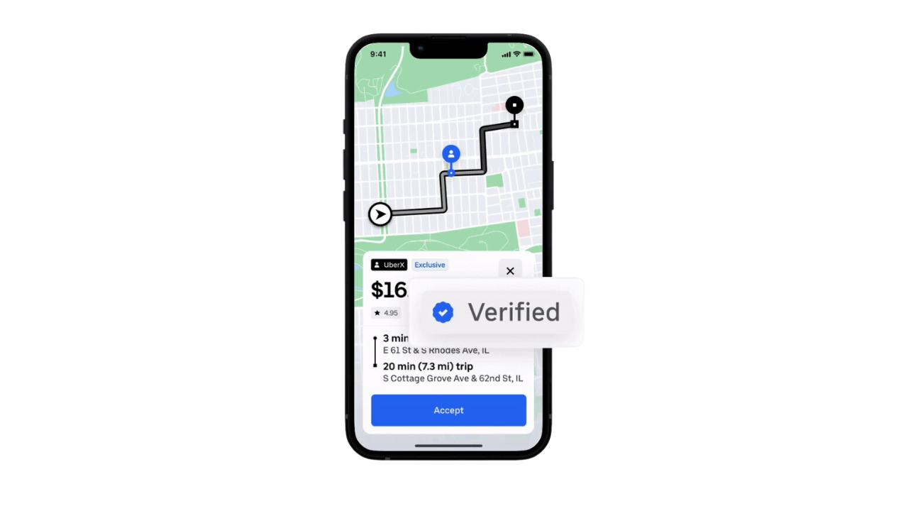 Uber app shows a customer profile with a zoomed-in view of a verified badge