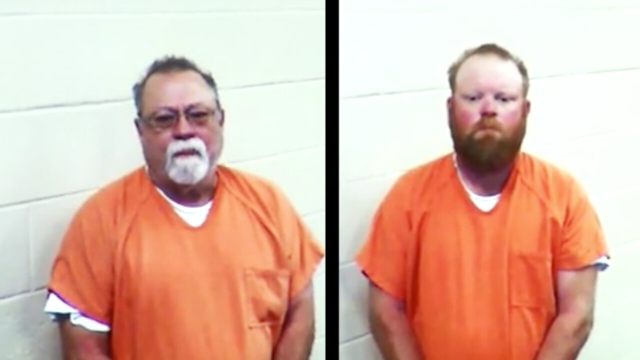 Father and son Gregory and Travis McMichael in court May 8, 2020 after they were charged with killing Ahmaud Arbery while he was out for a jog in Brunswick, Georgia.