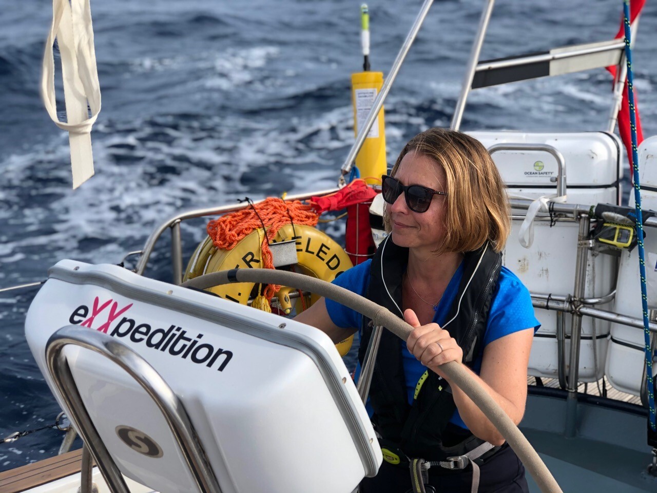 CEO and Co-Founder Lindsey McCoy aboard a plastic research sailing vessel