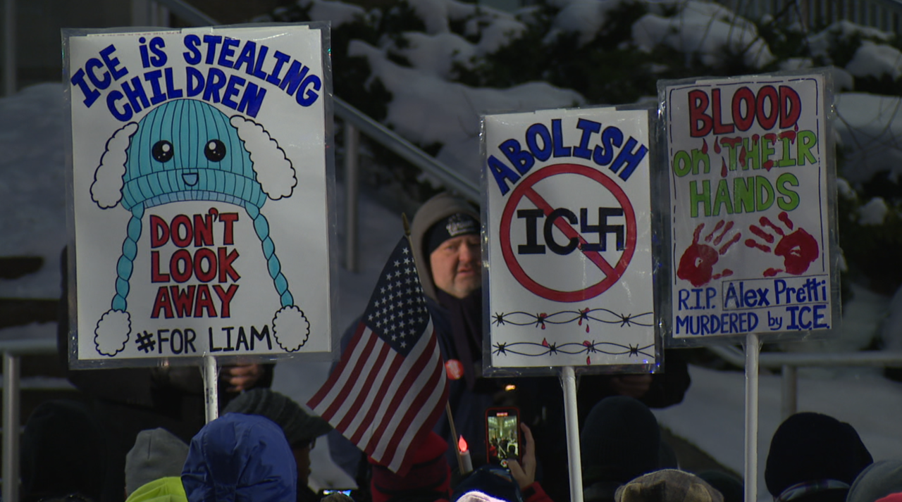 Protesters gather outside of Louis Stokes VA Medical Hospital on Sunday, Feb. 1