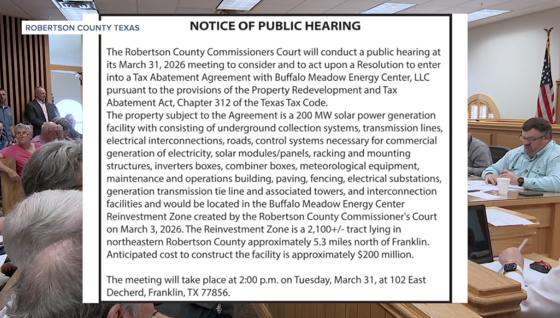 Robertson County residents protest proposed 200-megawatt Buffalo Meadow Energy Center solar project