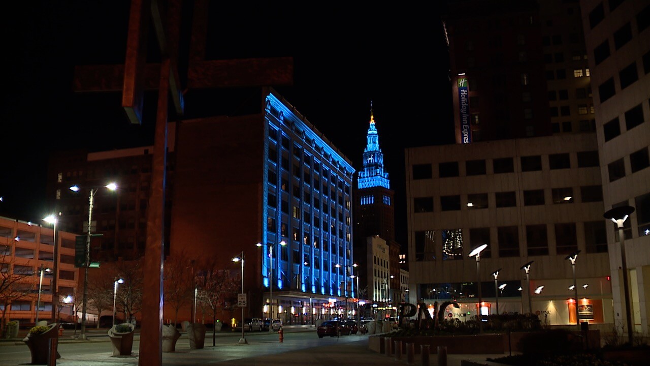 The Terminal Tower lights up blue in honor of World Autism Month.