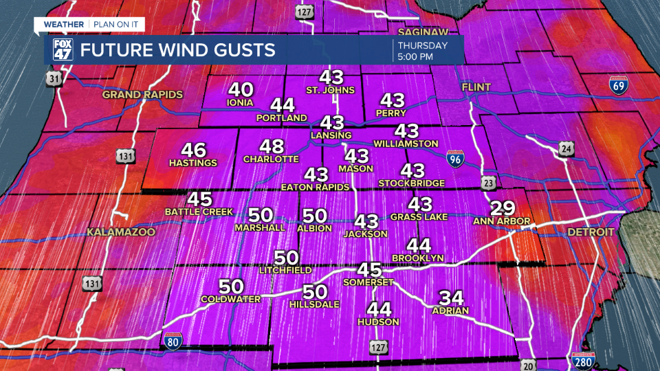 Wind gusts could exceed 45mph today ahead of an advancing cold front