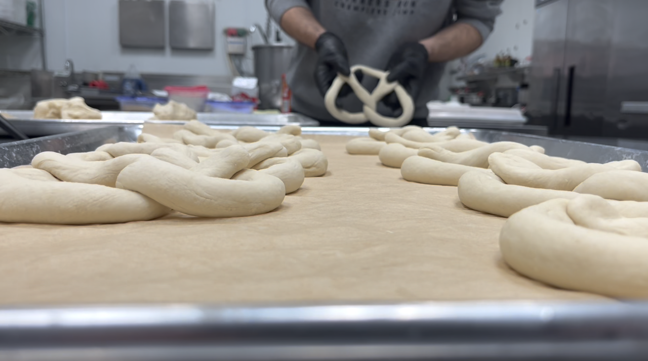 Hand rolled, handmade pretzels.