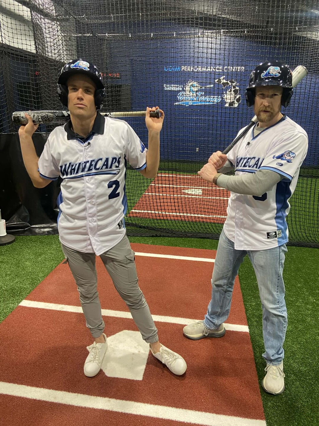 Andy and Elliot suit up at the Whitecaps' batting cages