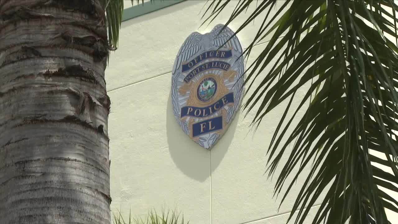 Port St. Lucie police officer badge on exterior of Port St. Lucie Police Department in May 2023