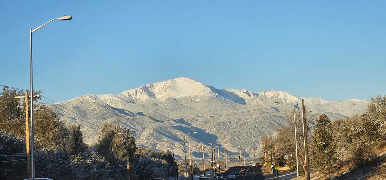 Snowy view of Pikes Peak