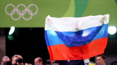 a Russian gymnast celebrates at the Rio 2016 Olympic Games