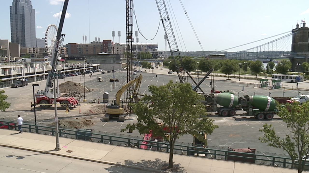 Crews began working on a parking garage for the concert venue at The Banks.