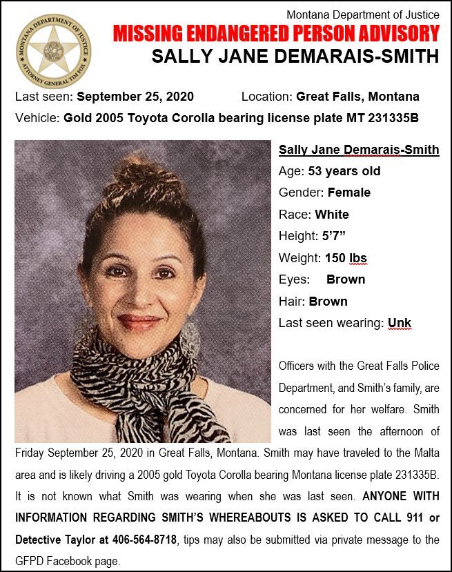 The Montana Department of Justice has issued a Missing/Endangered Person Alert for Sally Demarais-Smith.
