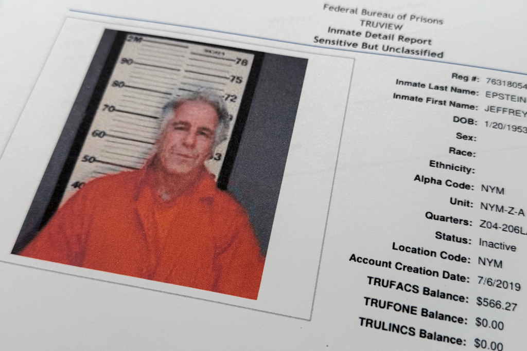 A document that was included in the U.S. Department of Justice release of the Jeffrey Epstein files, photographed Tuesday, Feb. 10, 2026, shows a photo of Epstein on an inmate report from the Federal Bureau of Prisons.