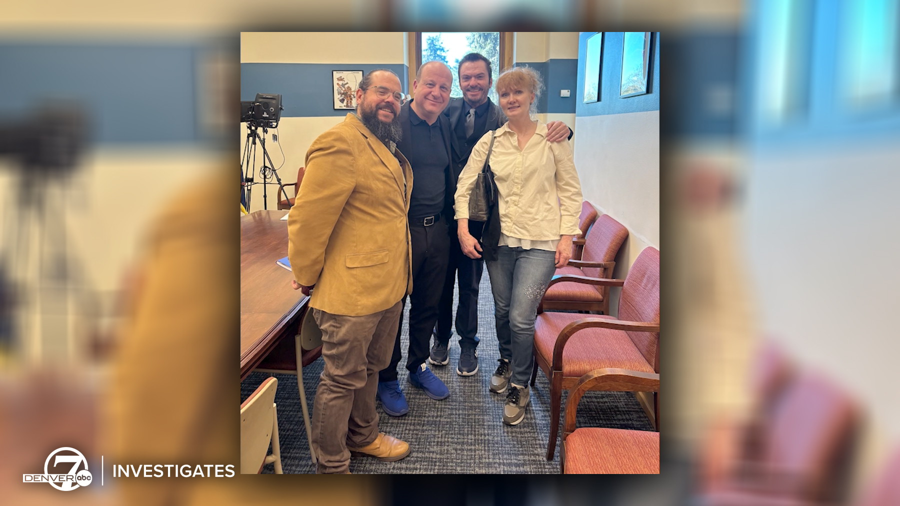 From left, Dante White, Gov. Jared Polis, Joseph Bowman and Billie Jo Bowman met on Monday to discuss potential solutions to Colorado's competency law. 