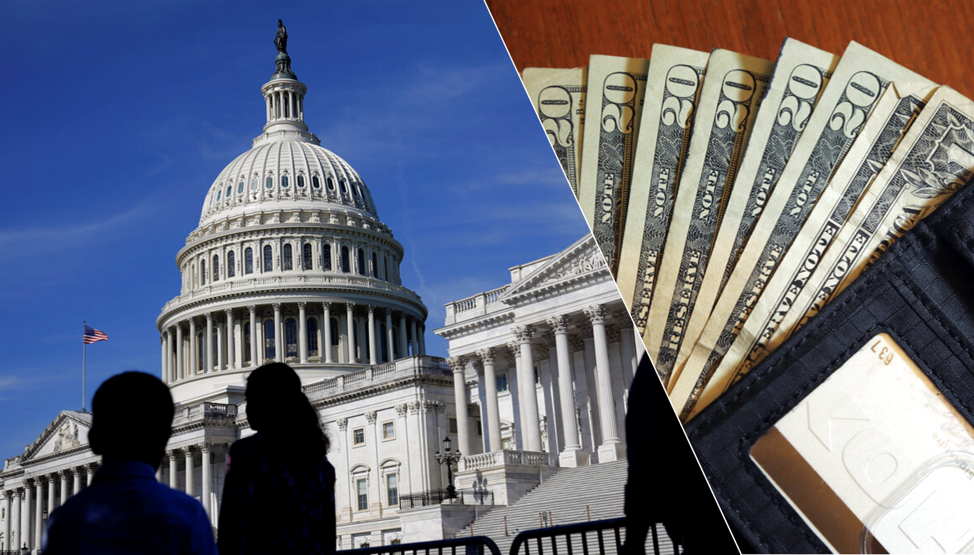 This combination of images shows the U.S. Capitol building in Washington, D.C., and a wallet with U.S. dollar bills fanned out.