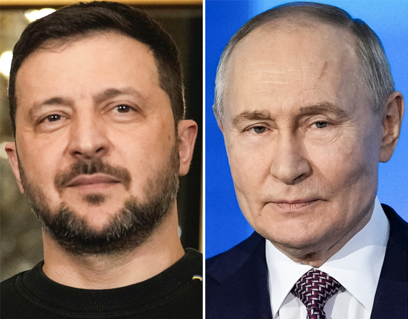 This combination of photos shows Ukrainian President Volodymyr Zelenskyy, left, and Russian President Vladimir Putin, right.