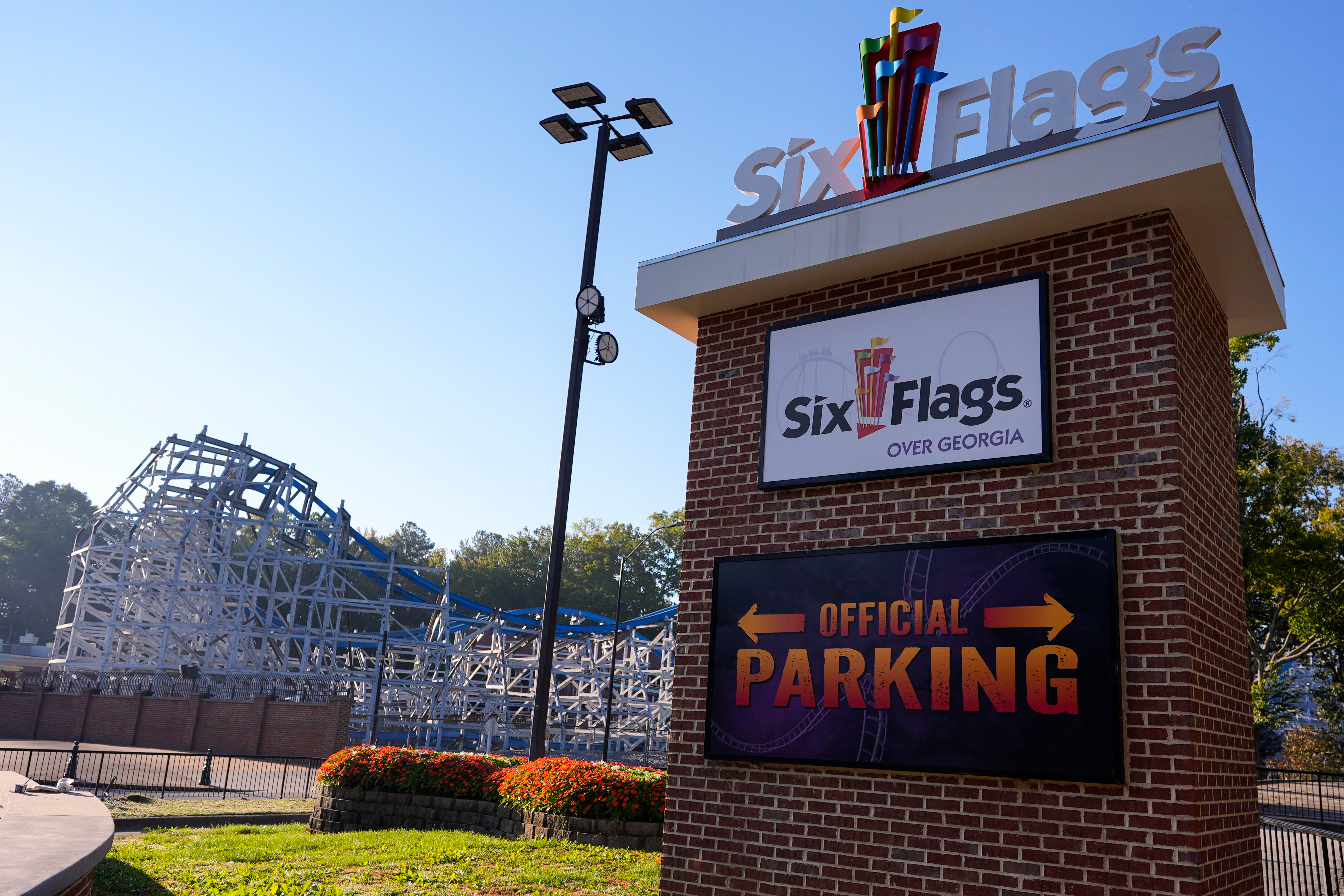 Attractions are seen at Six Flags Over Georgia, about 15 miles (24 kilometers) northwest of Atlanta, Tuesday, Oct. 13, 2026.