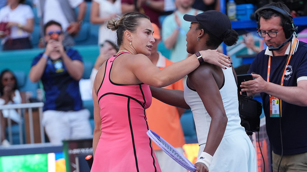 Aryna Sabalenka, left, and Coco Gauff embrace at the end of the women's singles final at the Miami Open tennis tournament, Saturday, March 28, 2026, in Miami Gardens, Fla.