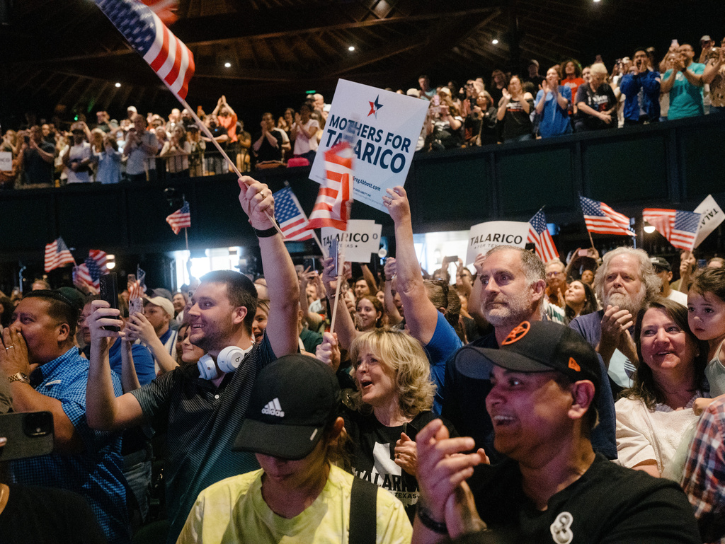 Supporters of James Talarico, a Texas Democratic primary candidate for U.S. Senate, cheer during an event, Sunday, March 1, 2026, in San Antonio, Texas. 