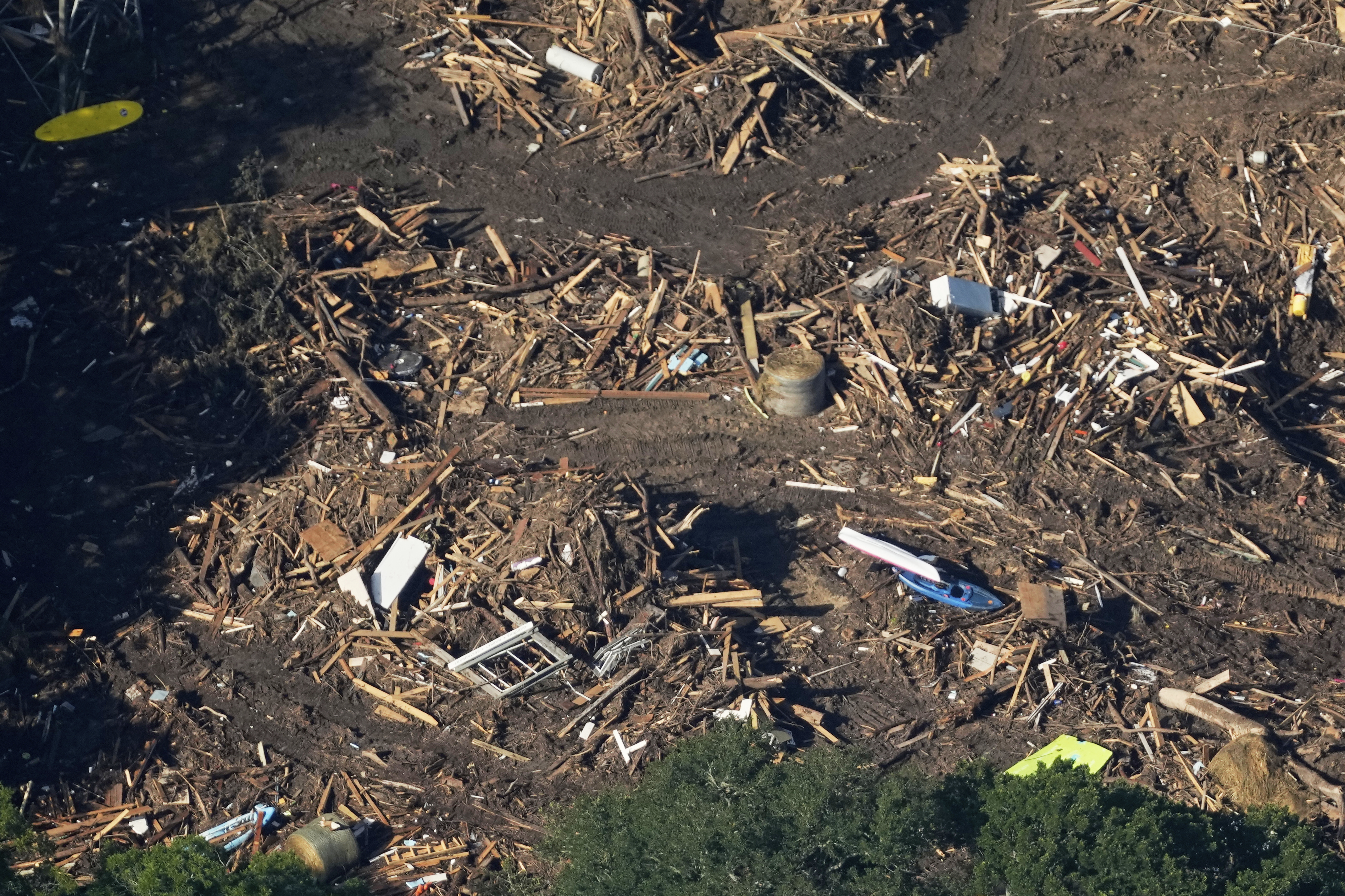 This aerial photo shows damage from flash floods along the Guadalupe River in Kerr County, Texas, Thursday, July 10, 2025. 