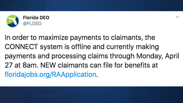 Visitors to the Florida Department of Opportunity's website on April 24, 2020, were greeted with a message that said the system won't be available until Monday, April 27.
