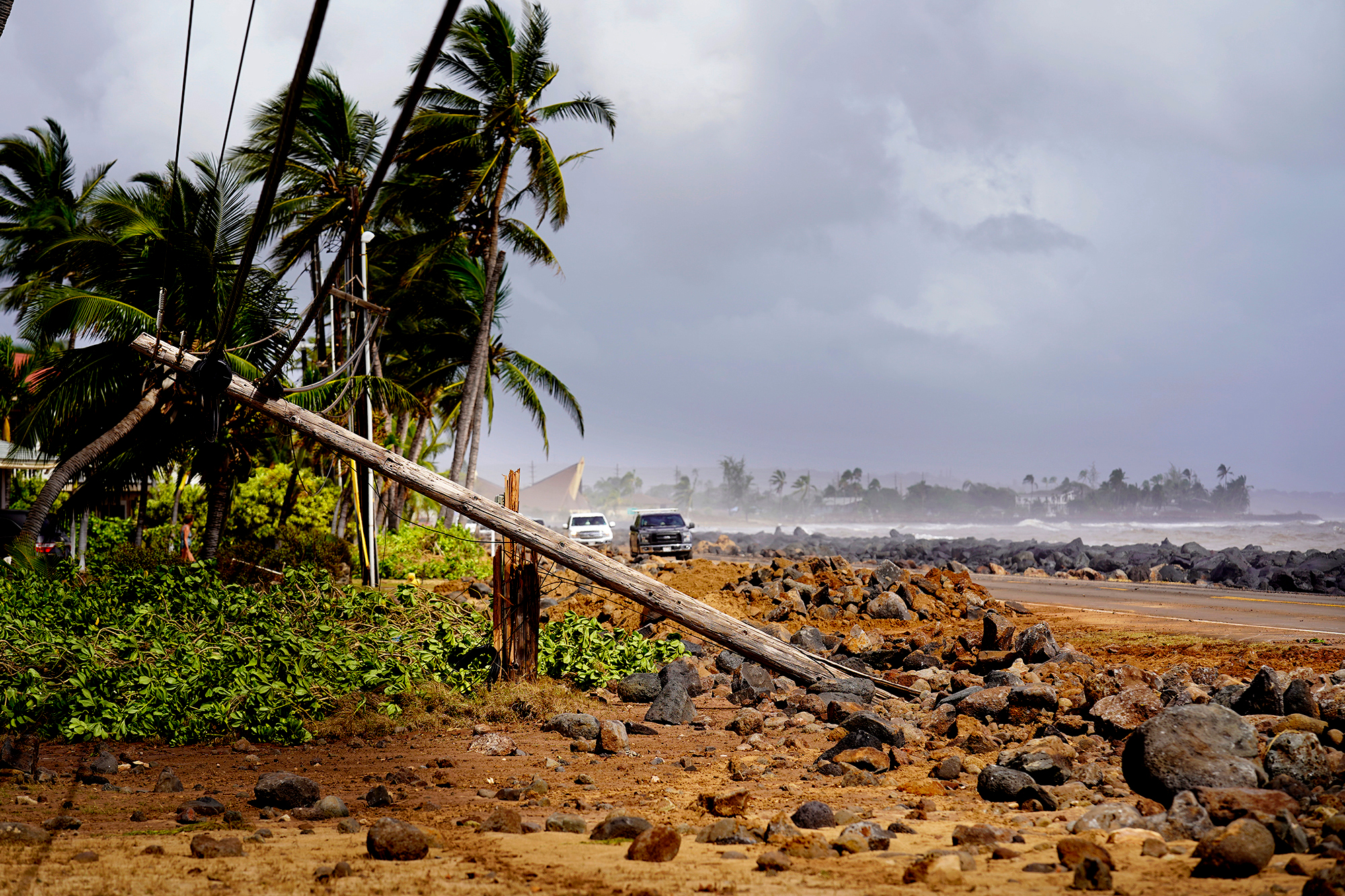 Damage caused by Hurricane Lowell is seen on Tuesday, Sept. 8, 2026 in Poʻipū on Kauaʻi's south shore, in Hawaii.