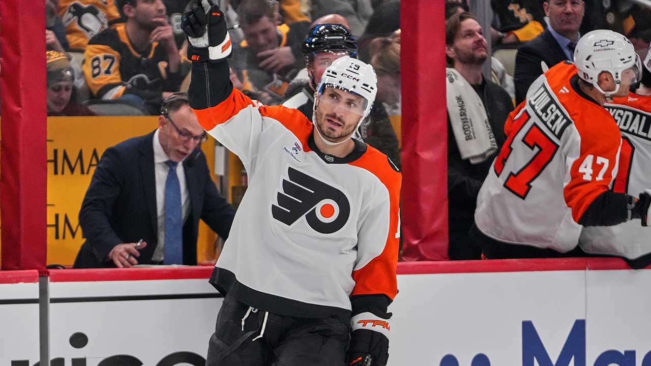 Philadelphia Flyers' Garnet Hathaway celebrates after scoring during the second period of Game 2 in the first round of the NHL Stanley Cup playoffs against the Pittsburgh Penguins in Pittsburgh, April 20, 2026. 