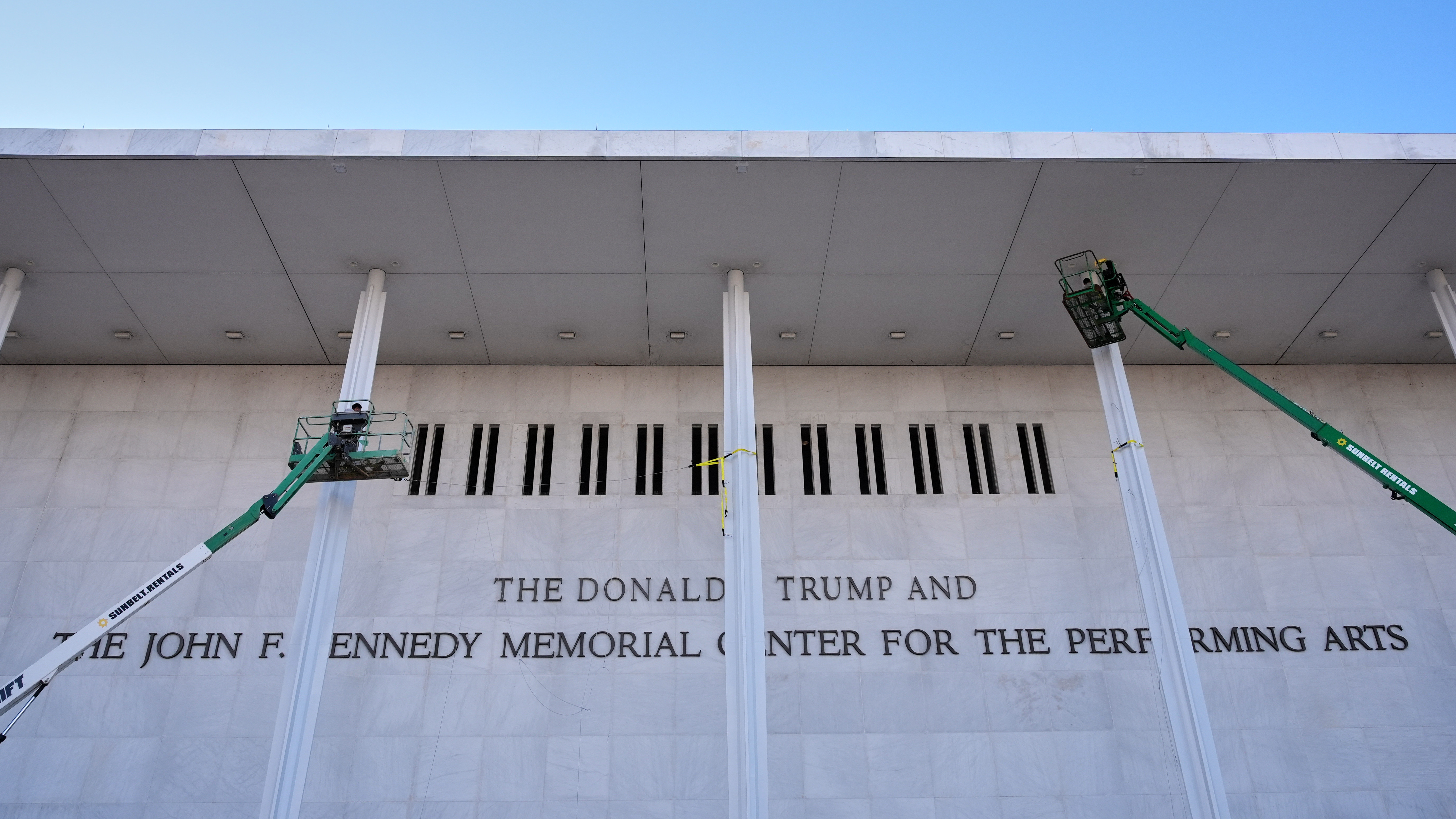 New signage, The Donald J. Trump and The John F. Kennedy Memorial Center For The Performing Arts, is unveiled on the Kennedy Center, Friday, Dec. 19, 2025, in Washington.