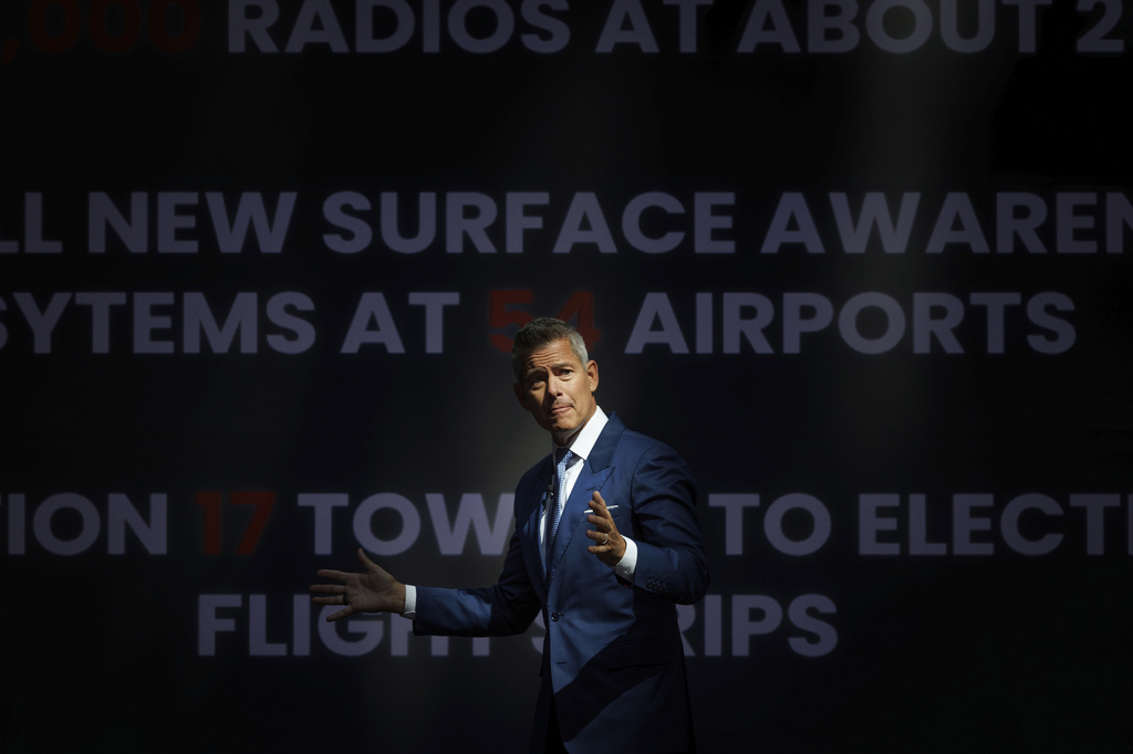 U.S. Department of Transportation Secretary Sean Duffy speaks during a press briefing on flight safety, at the U.S. Department of Transportation, Tuesday, April 21, 2026, in Washington.