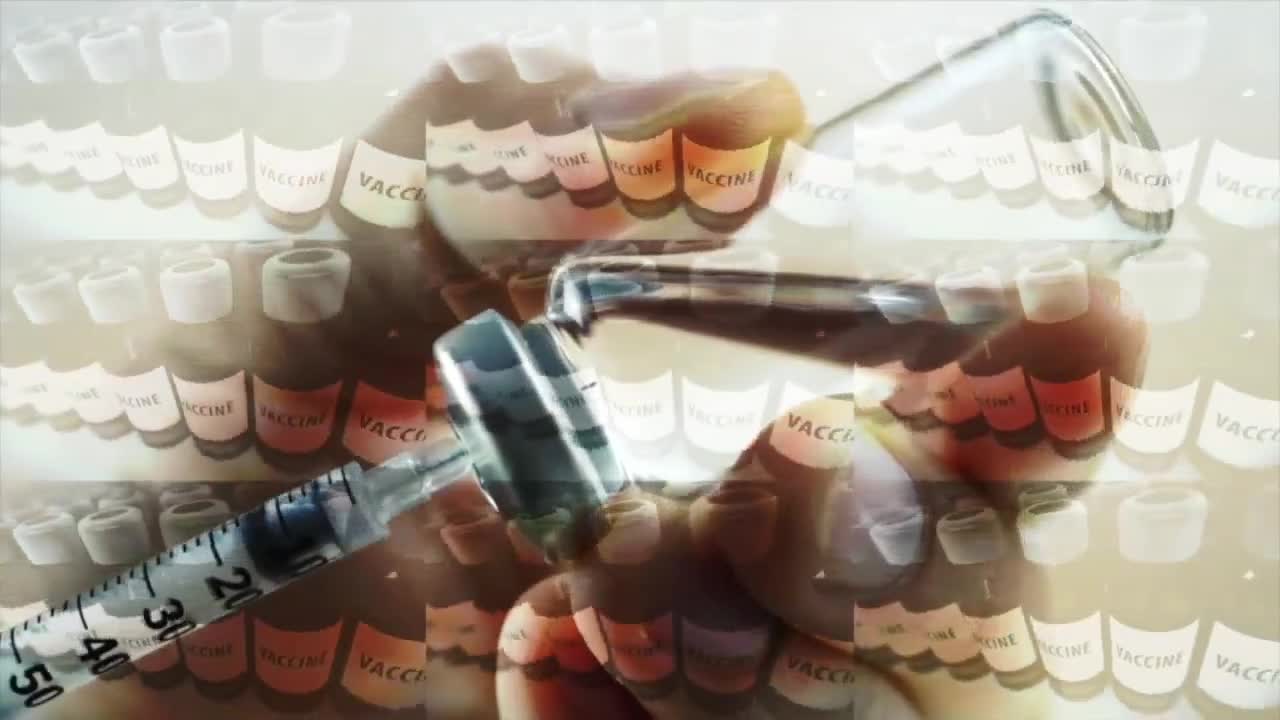vaccine on shelves graphic superimposed over vial