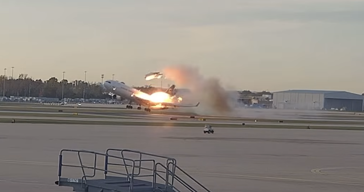 An engine flies off a UPS plane departing the Louisville airport.