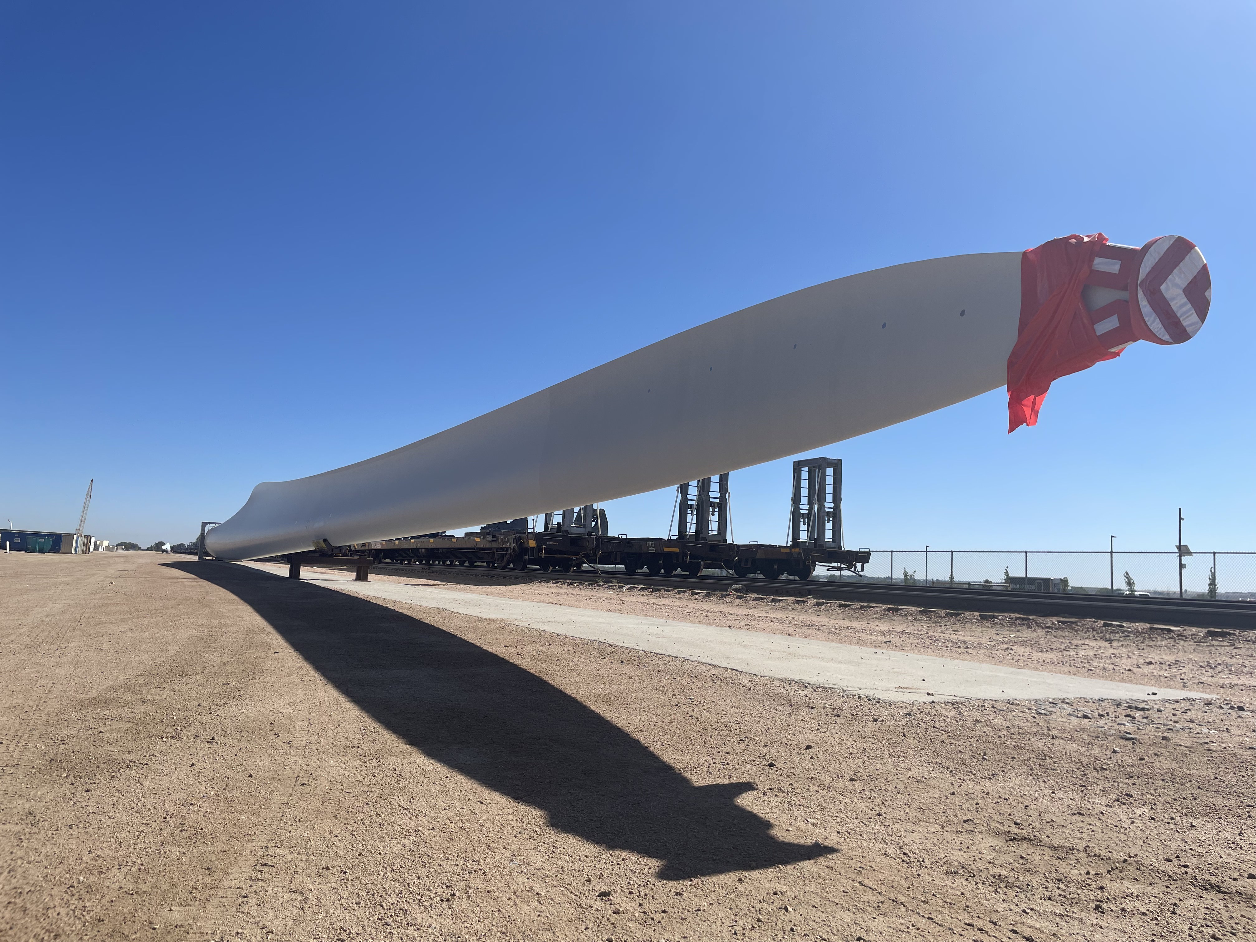 A blade from a wind turbine made by the Colorado-based company Vestas.